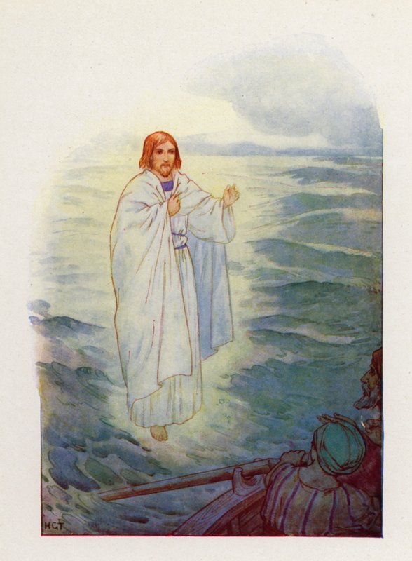 A halászok a hullámzó tengeren járva meglátták Jézus alakját (színes litográfia). alkotó: Harry George Theaker