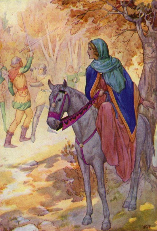 Robin egy olyan gyors csavarral, hogy senki sem tudta volna megmondani, hogyan csinálta, kitépte Guy kardját a markából (színes litho). alkotó: Harry George Theaker