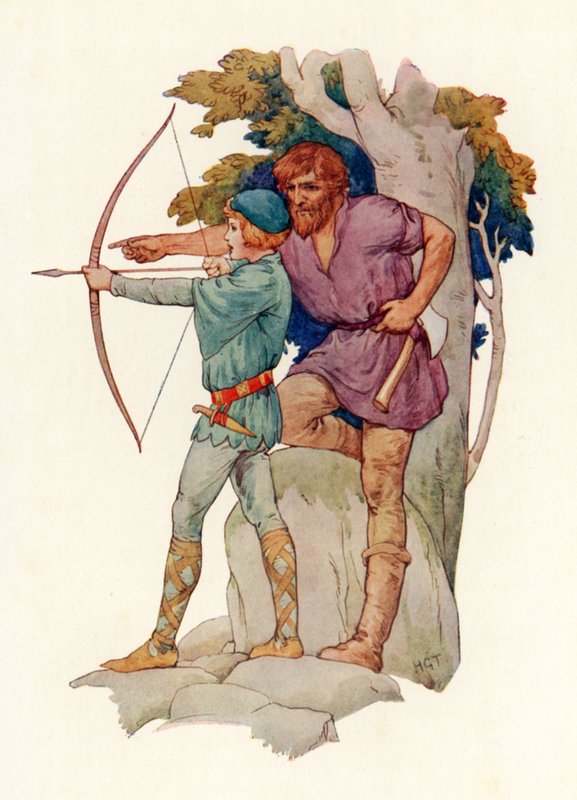 Az ifjú Lancelotot íjászatra tanítja a favágó (színes litográfia) alkotó: Harry George Theaker