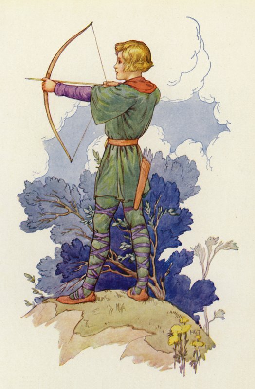 "Az ifjú Waltheof most egy szép fiatal kakas", mondta Much, "és megfogadta, hogy Robin Hood embere lesz, ha megnő" (színes litográfia). alkotó: Harry George Theaker