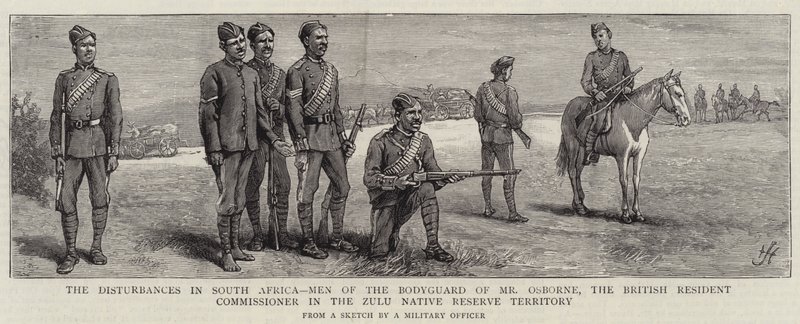 Zavarok Dél-Afrikában, Osborne úr testőrének emberei, a zulu őshonos rezervátum területén tartózkodó brit biztos alkotó: Harry Hamilton Johnston
