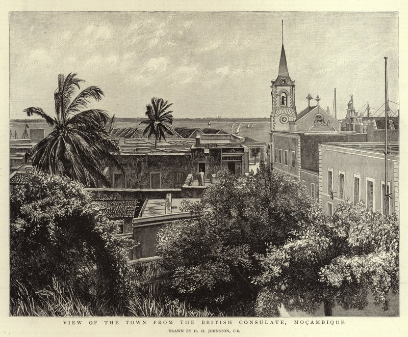 A város látképe a brit konzulátusról, Mocambique alkotó: Harry Hamilton Johnston
