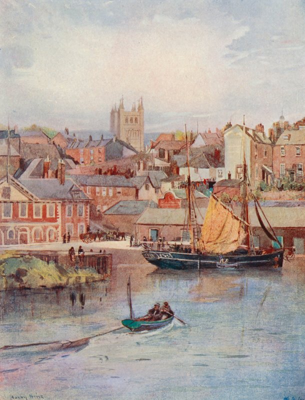 The Quay, Exeter, a katedrális tornyaival (színes litográfia) alkotó: Harry Hine