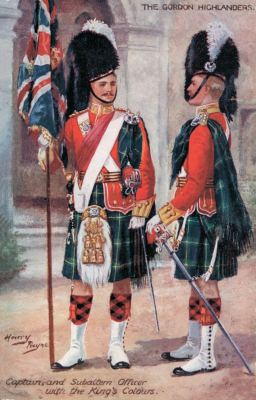Gordon Highlanders, kapitány és altiszt, a király színeivel (színes litho) alkotó: Harry Payne