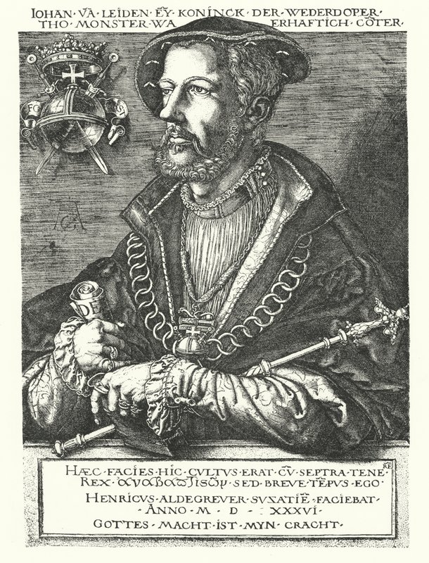 Leideni János, a holland anabaptista vezetője és az 1534-1535-ös münsteri lázadás egyik vezetője (metszet) alkotó: Heinrich (after) Aldegrever