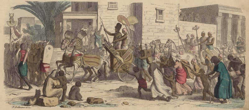 Egy ókori egyiptomi fáraó háborúba indul (színes metszet) alkotó: Heinrich Leutemann