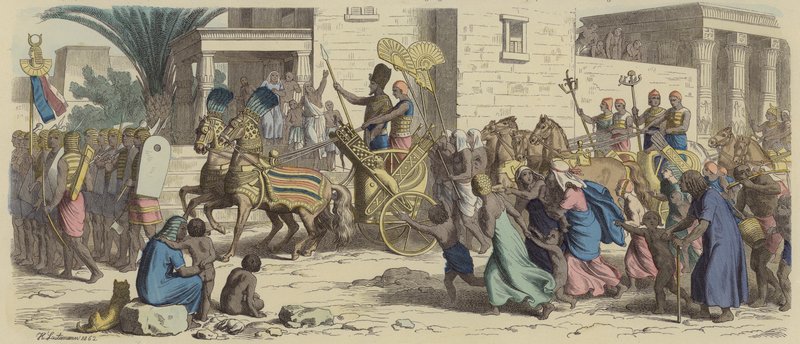 Egy ókori egyiptomi fáraó háborúba indul (színes metszet) alkotó: Heinrich Leutemann