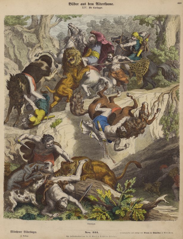Karthágói oroszlánvadászat (színes metszet) alkotó: Heinrich Leutemann