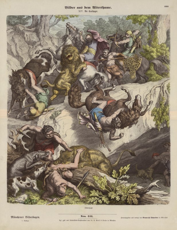 Karthágói oroszlánvadászat (színes metszet) alkotó: Heinrich Leutemann