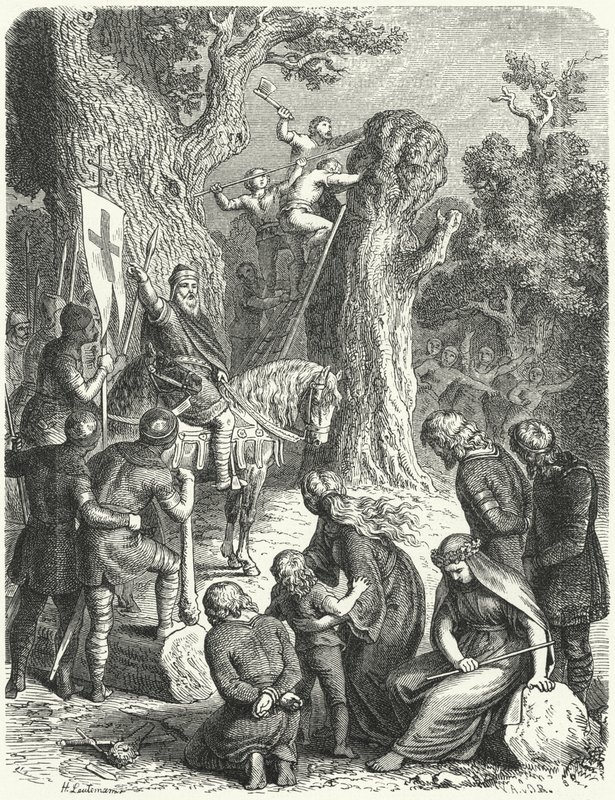 Nagy Károly elrendeli az Irmensaule, a szászok szent tölgyfa kivágását, 772 (metszet) alkotó: Heinrich Leutemann