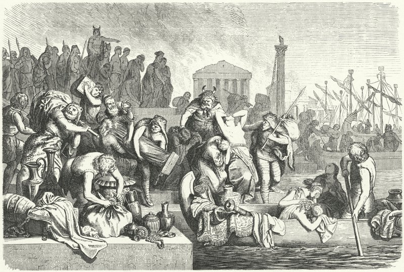 Zsákmányokkal megrakott vandál flotta indulása egy kifosztott városból (metszet) alkotó: Heinrich Leutemann