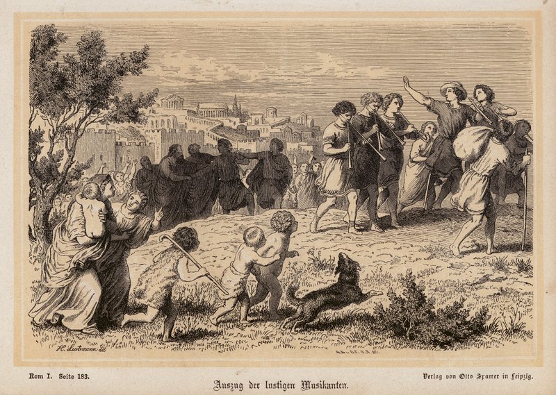 Egy római zenészcsapat indulása (metszet) alkotó: Heinrich Leutemann