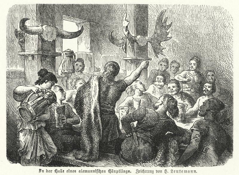 Lakomázás egy germán főispán termében (metszet) alkotó: Heinrich Leutemann