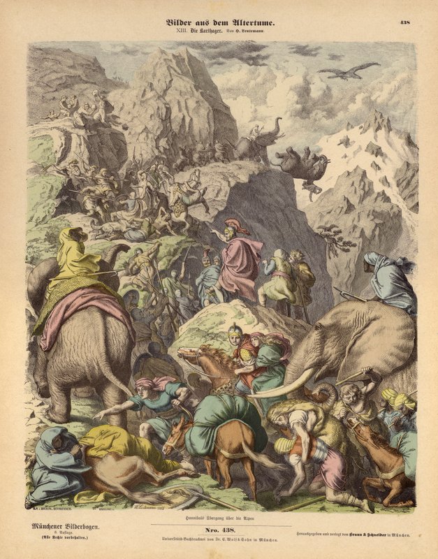 Hannibál a karthágói hadsereg élén az Alpokon át (színes metszet) alkotó: Heinrich Leutemann