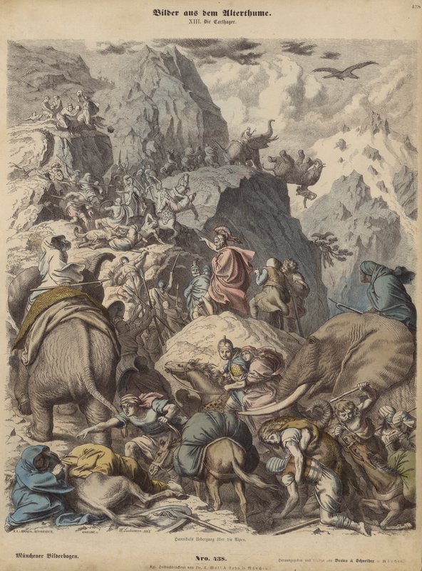 Hannibál a karthágói hadsereg élén az Alpokon át (színes metszet) alkotó: Heinrich Leutemann