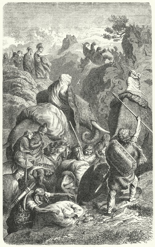 Hannibál átkelése az Alpokon, ie 218 (metszet) alkotó: Heinrich Leutemann