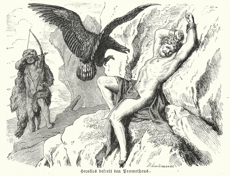 Héraklész kiszabadítja Prométheuszt (metszet) alkotó: Heinrich Leutemann