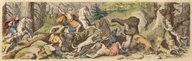Medvék vadászata az ókori Görögországban (színes metszet) alkotó: Heinrich Leutemann