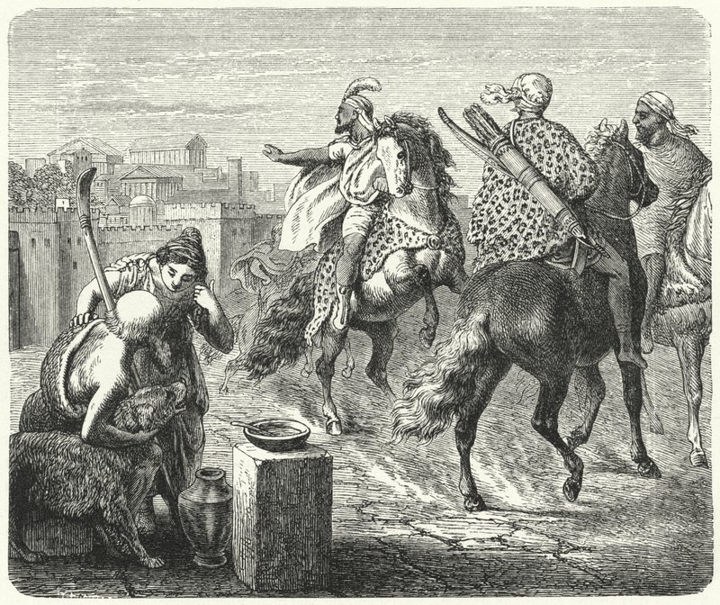 Numidiai Jugurtha elhagyja Róma korrupt városát (metszet) alkotó: Heinrich Leutemann