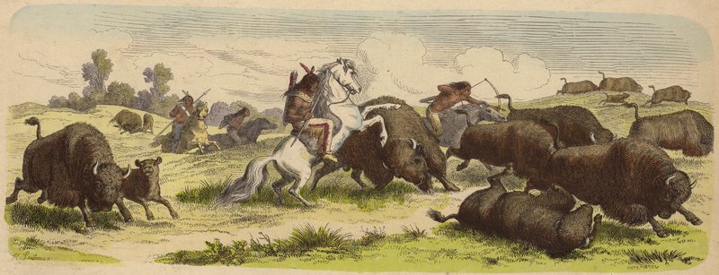 Őslakos amerikaiak lóháton, bivalyra vadászva (színes metszet) alkotó: Heinrich Leutemann