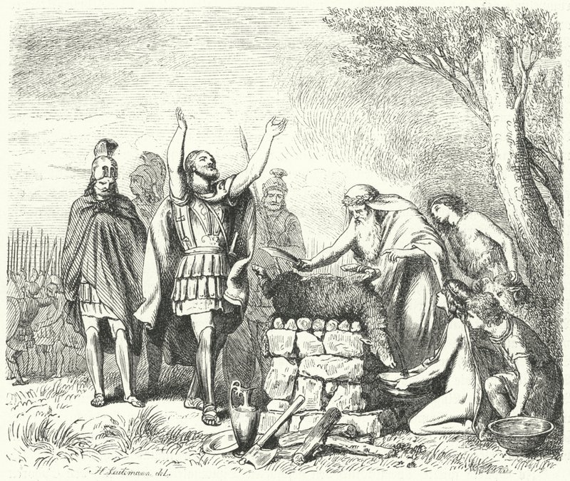 Pausanias áldozatot hozott az isteneknek a plataiai csata előtt, ie 479 (metszet) alkotó: Heinrich Leutemann