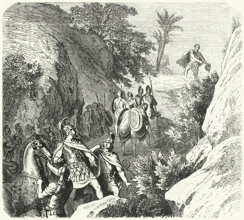 Macedón Perseus menet közben Thesszália szorosain (metszet) alkotó: Heinrich Leutemann
