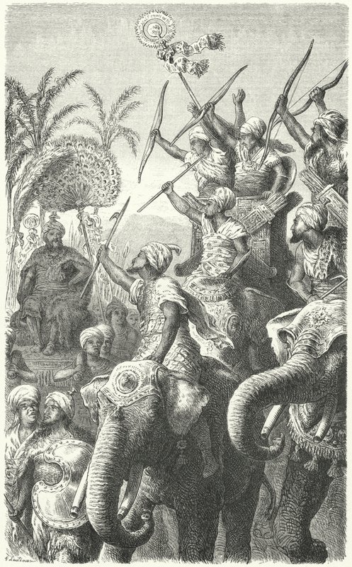 Porus, a Pauravák királya, áttekinti a harci elefántjait (metszet) alkotó: Heinrich Leutemann
