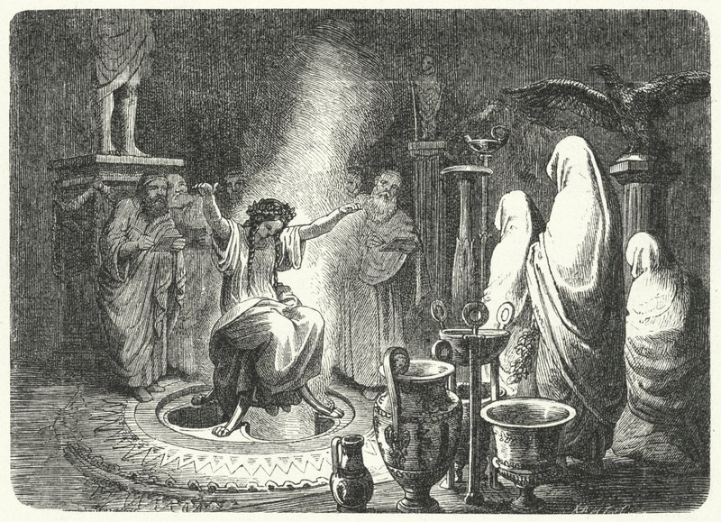 Pythia, a delphoi Apollón-templom főpapnője (metszet) alkotó: Heinrich Leutemann
