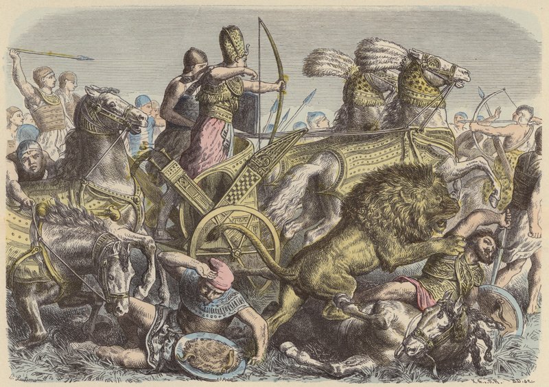 Egyiptomi Nagy Ramszesz a csatatéren (színes metszet) alkotó: Heinrich Leutemann