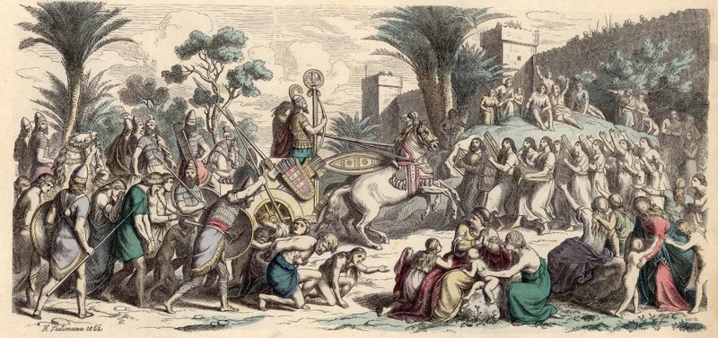Egy győztes asszír hadsereg fogadása (színes metszet) alkotó: Heinrich Leutemann