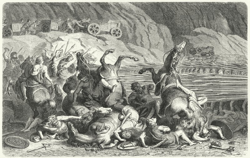 Rómaiak falanx-alakulatban a trák lovasság ellen (metszet) alkotó: Heinrich Leutemann
