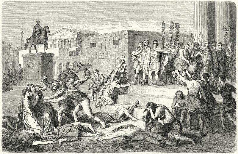 Mark Antonius, Marcus Aemilius Lepidus és Octavianus triumvirátusa, akik tiltásokat hirdettek politikai ellenségeik ellen, ie 43. alkotó: Heinrich Leutemann