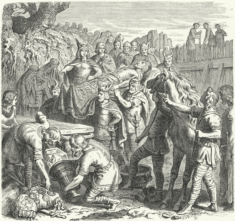 I. Alarik, a vizigótok királyának temetése a Busento folyó medrében, 410 (metszet) alkotó: Heinrich Leutemann