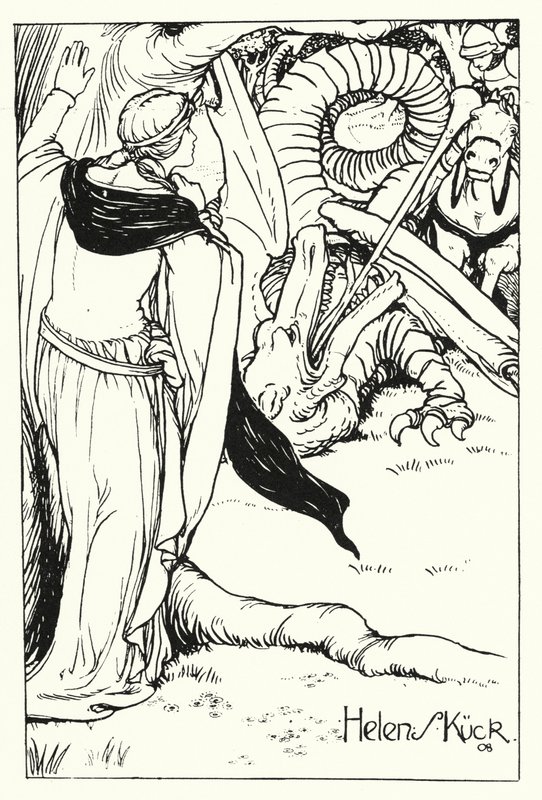 Vöröskereszt harcol a sárkány ellen (metszet) alkotó: Helen S. Kuck