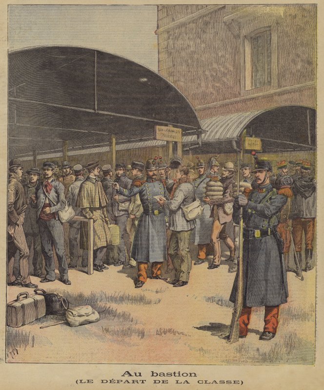 Katonák indulnak az ezredükhöz a kiképzés után (színes litográfia) alkotó: Henri (after) Meyer