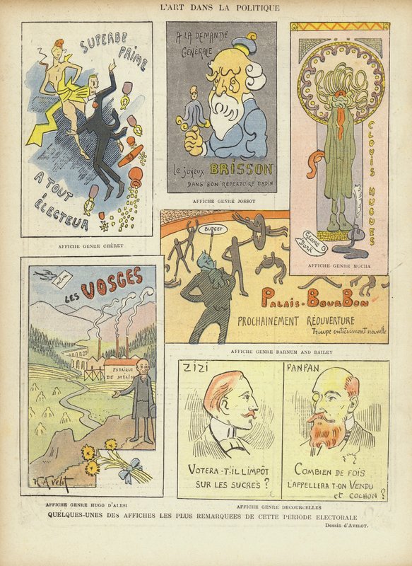 Képzelt francia választási plakátok, illusztráció a Le Rire számára alkotó: Henri Avelot