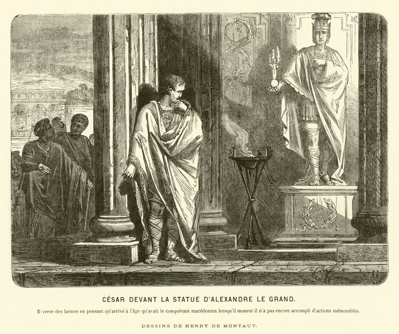 Julius Caesar Nagy Sándor szobra előtt Spanyolországban, azon siránkozva, hogy elérte, hogy Sándor elérte a halálával egyidős kort, ie 67 körül (metszet) alkotó: Henri de (after) Montaut