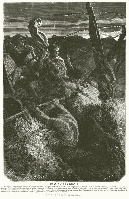 Julius Caesar rabszolgának álcázva felfedi kilétét az Adriai-tengeren való átkelés közben viharba esett csónak legénysége előtt, ie 48 (metszet) alkotó: Henri de (after) Montaut
