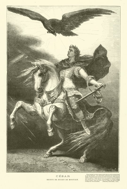 Julius Caesar lóháton, felette parlagi sassal (metszet) alkotó: Henri de (after) Montaut
