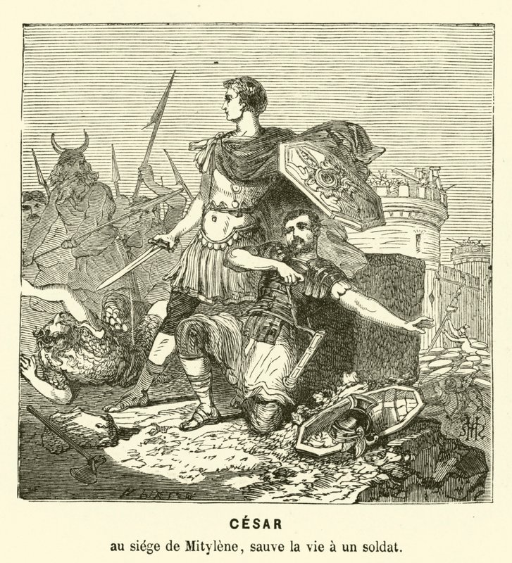 Julius Caesar megmentette egy katona életét Mytilene ostrománál, Leszbosz, Görögország, Kr.e. 81. (metszet) alkotó: Henri de (after) Montaut