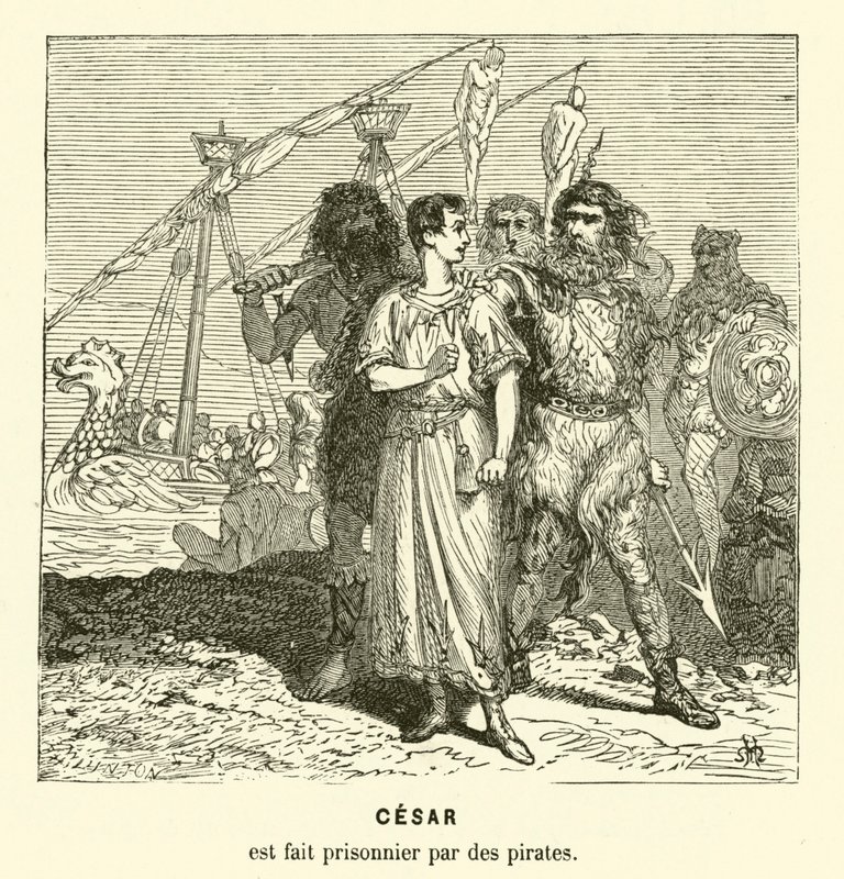 Julius Caesar a cilíciai kalózok fogságába esett, miközben átkelt az Égei-tengeren, ie 75 körül (metszet) alkotó: Henri de (after) Montaut