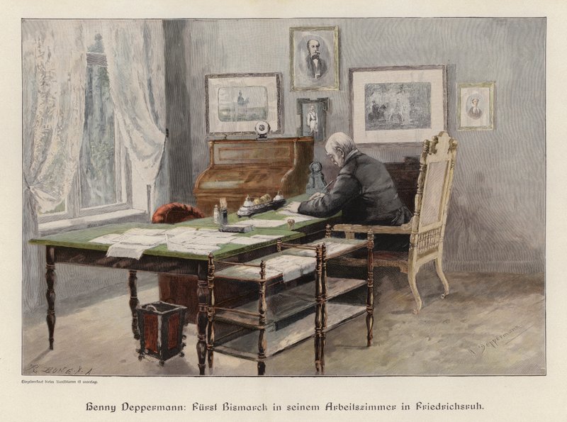 Otto von Bismarck a németországi Friedrichsruh-i dolgozószobájában (színes metszet) alkotó: Henriette Deppermann