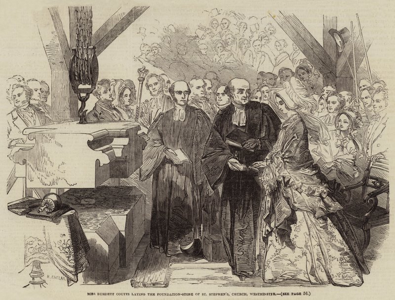 Miss Burdett Coutts lerakja a Szent István-templom alapkövét, a westminsteri templom alkotó: Henry Anelay