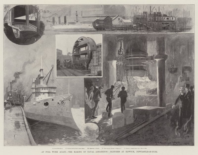 Újra Full Work, a haditengerészeti fegyverzet készítése, vázlatok Elswickben, Newcastle-on-Tyne alkotó: Henry Charles Seppings Wright