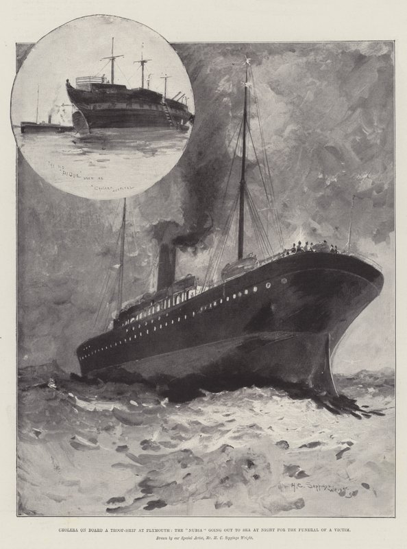 Kolera egy csapatszállító hajó fedélzetén Plymouthban, a Nubia éjszaka kihajózik a tengerre egy áldozat temetésére alkotó: Henry Charles Seppings Wright