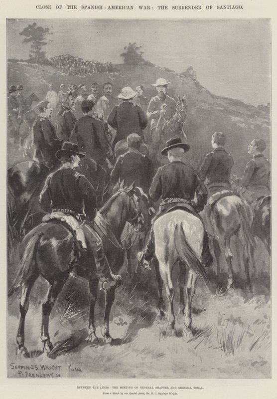 A spanyol-amerikai háború vége, Santiago kapitulációja, a vonalak között, Shafter tábornok és Toral tábornok találkozója alkotó: Henry Charles Seppings Wright