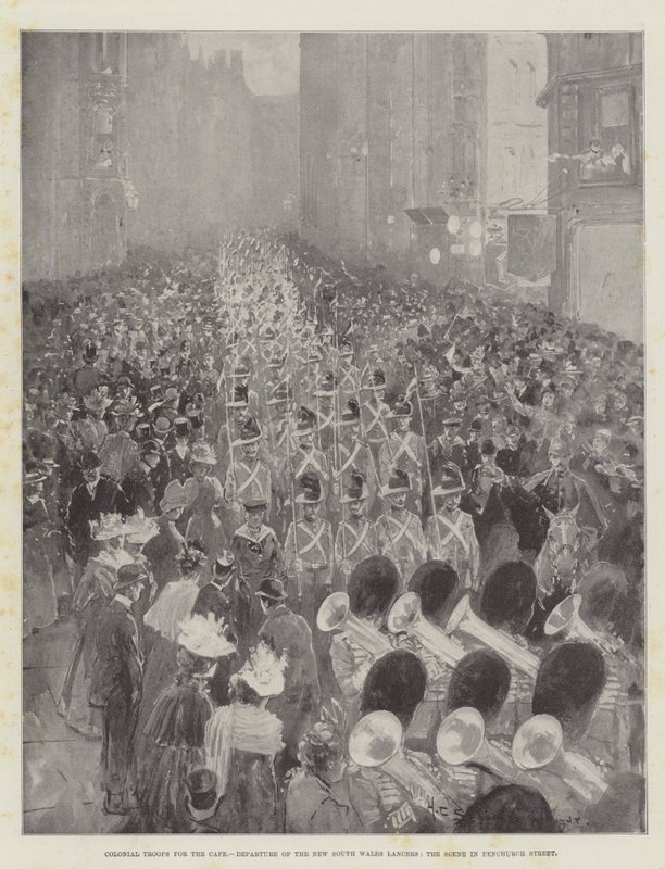 Gyarmati csapatok a fokon, a New South Wales Lancers indulása, a helyszín a Fenchurch Streeten alkotó: Henry Charles Seppings Wright