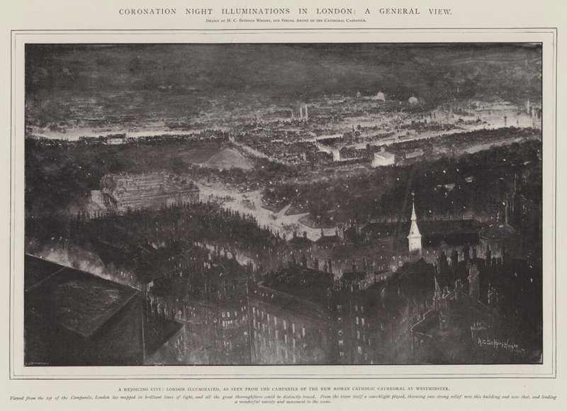 Koronázási éjszakai világítás Londonban, általános kilátás, egy örvendező város, London megvilágítva, a westminsteri új római katolikus katedrális Campanile-jából nézve alkotó: Henry Charles Seppings Wright