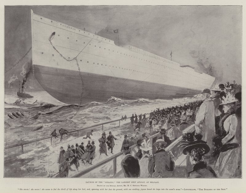 Az Oceanic, a legnagyobb felszínen lévő hajó felbocsátása Belfastban alkotó: Henry Charles Seppings Wright