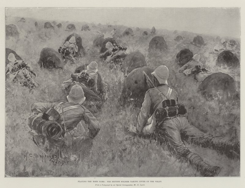 A búr játékot játssza, a brit katona fedezéket vesz a Veldten alkotó: Henry Charles Seppings Wright
